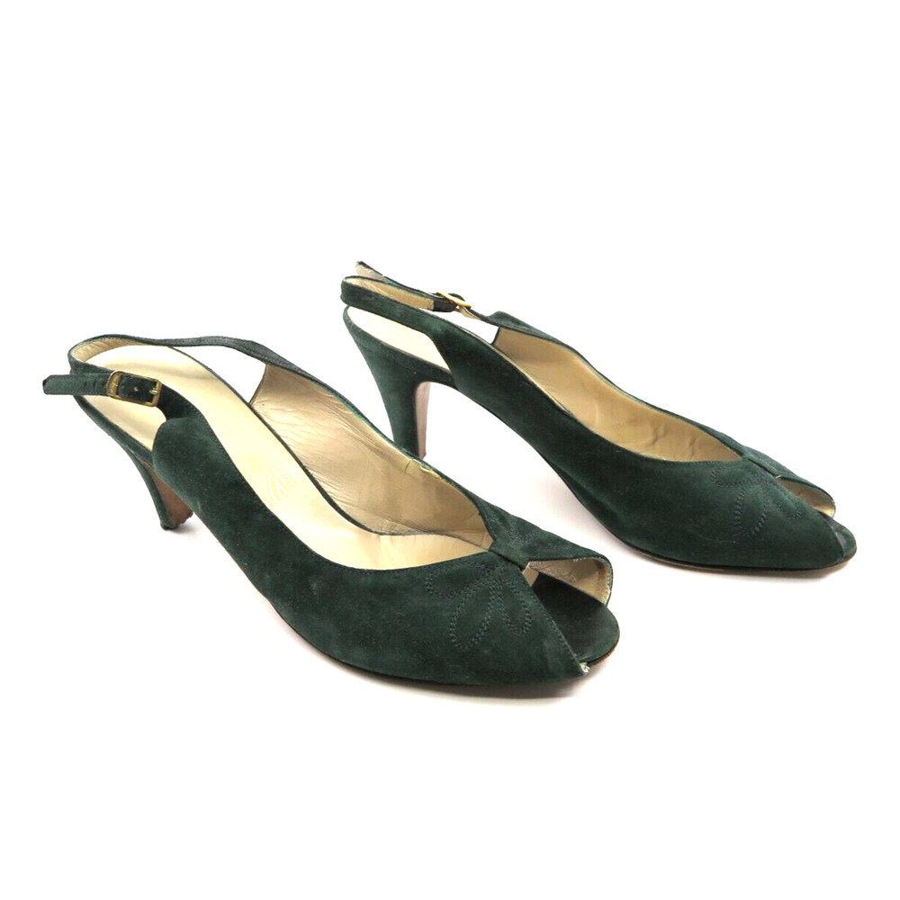 Salvatore Ferragamo Shoes 8 B Green Suede Open Toe Flower Detail Sling Back